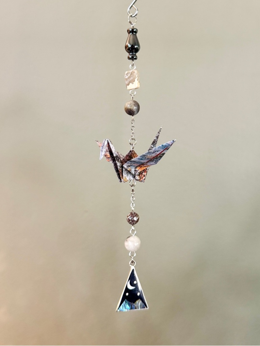 Origami Ornament #2486 - Small Crane with Stone Beads and Mountain Inlay Pendant